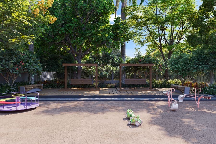 A garden sitting area in Mauli Crystal 35 at golden hour