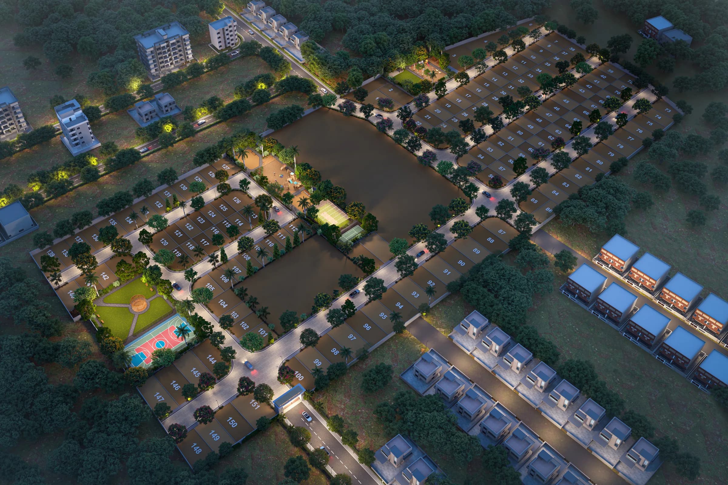 Mauli Crystal 35 night aerial render with lit streets