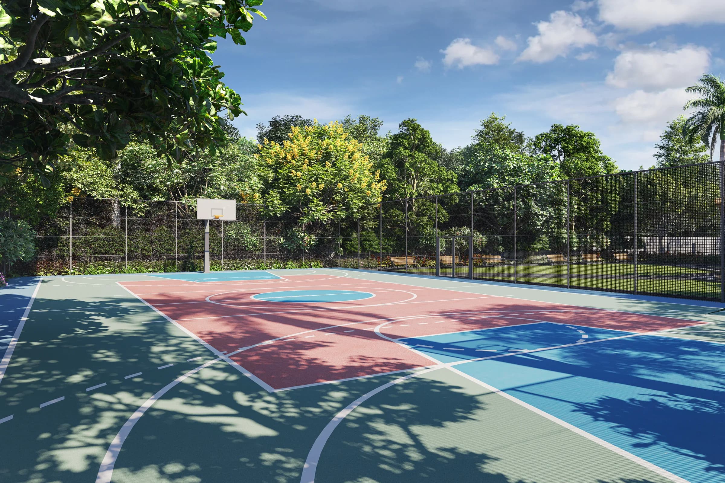 Floodlit outdoor basketball court
