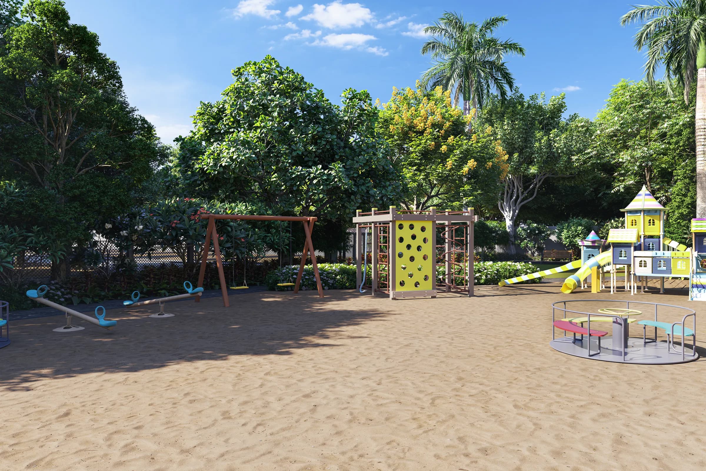 Children's play area with climbing frame and swings