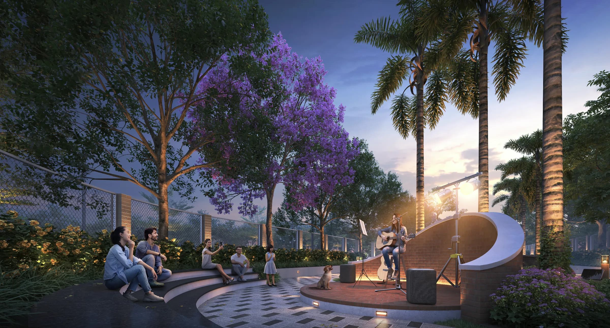 Amphitheatre with bonfire seating at Mauli Nivasa at dusk