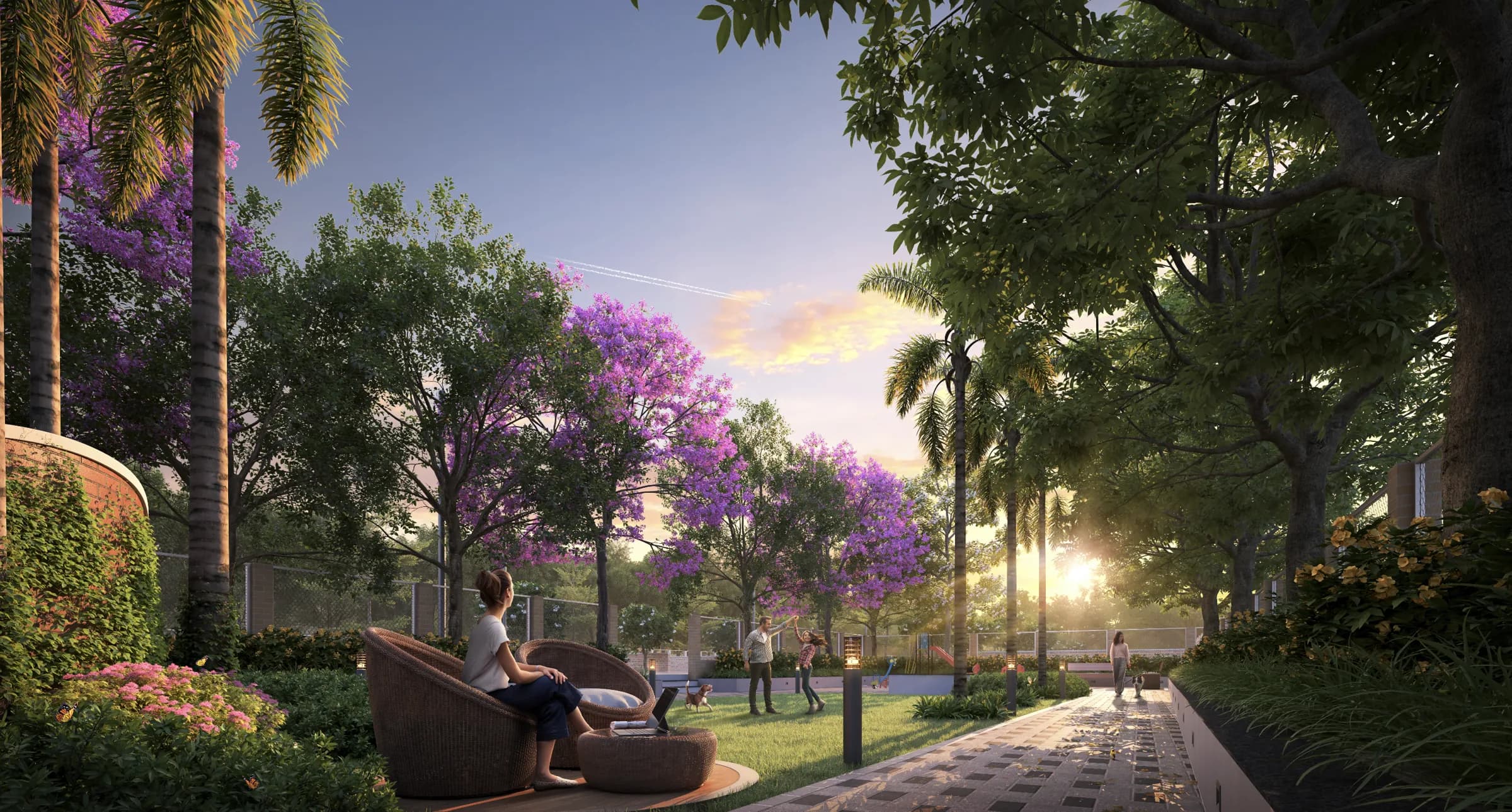 Jacaranda-lined garden seating at Mauli Nivasa at dusk