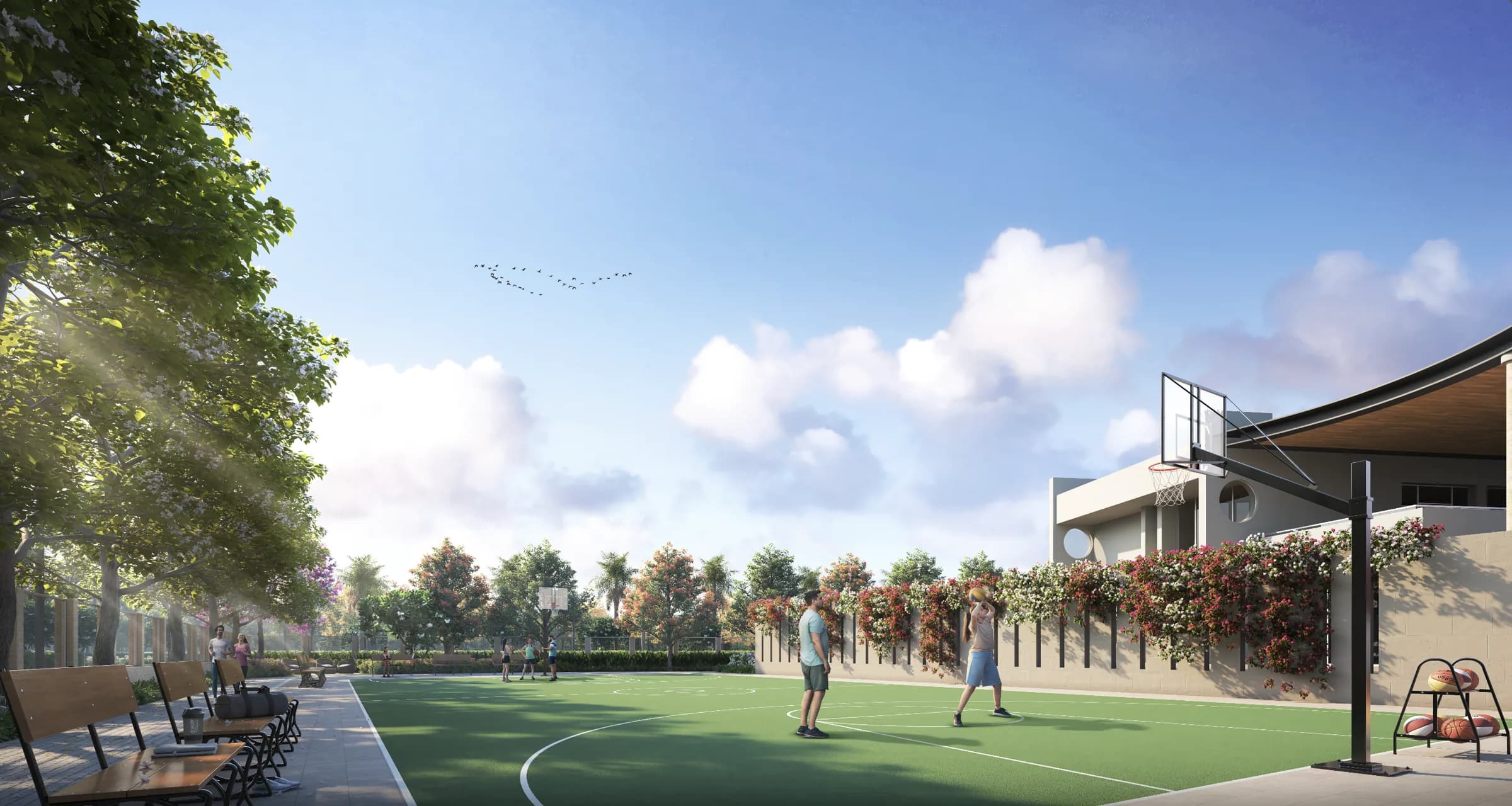 Multi-sport court with basketball hoop at Mauli Nivasa
