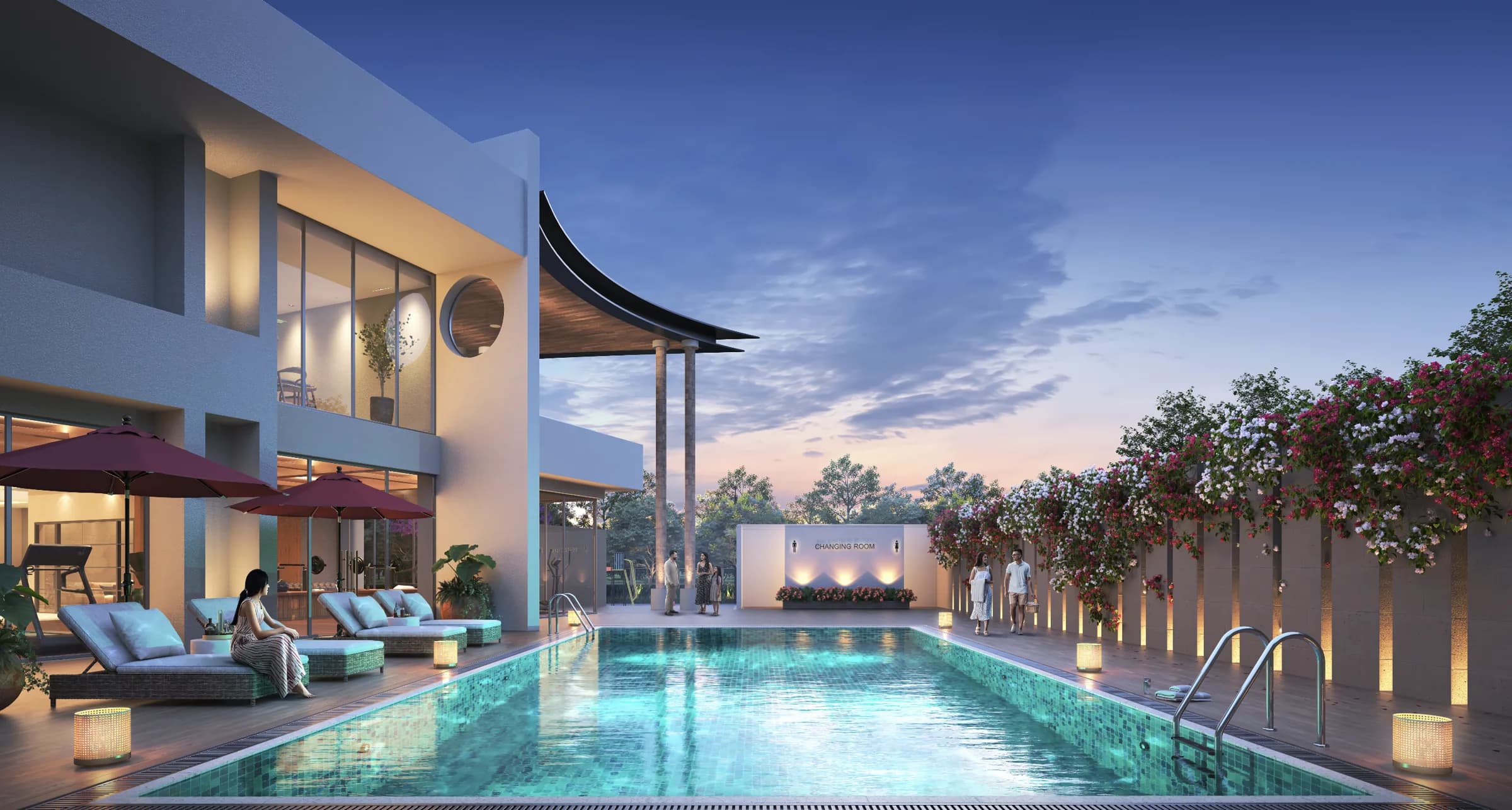 Resort-grade swimming pool at Mauli Nivasa at dusk