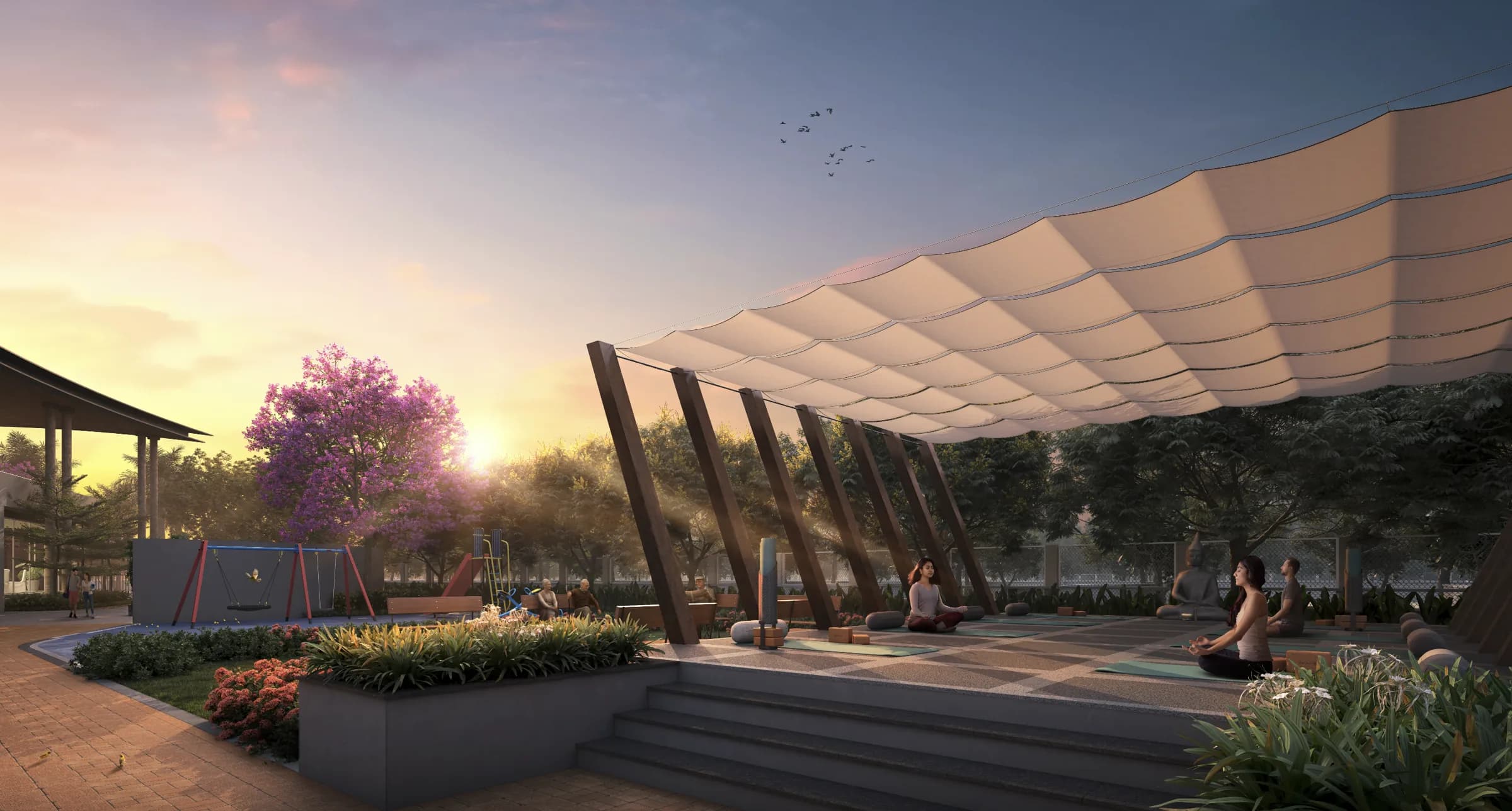 Sunrise yoga deck under a tensile canopy at Mauli Nivasa