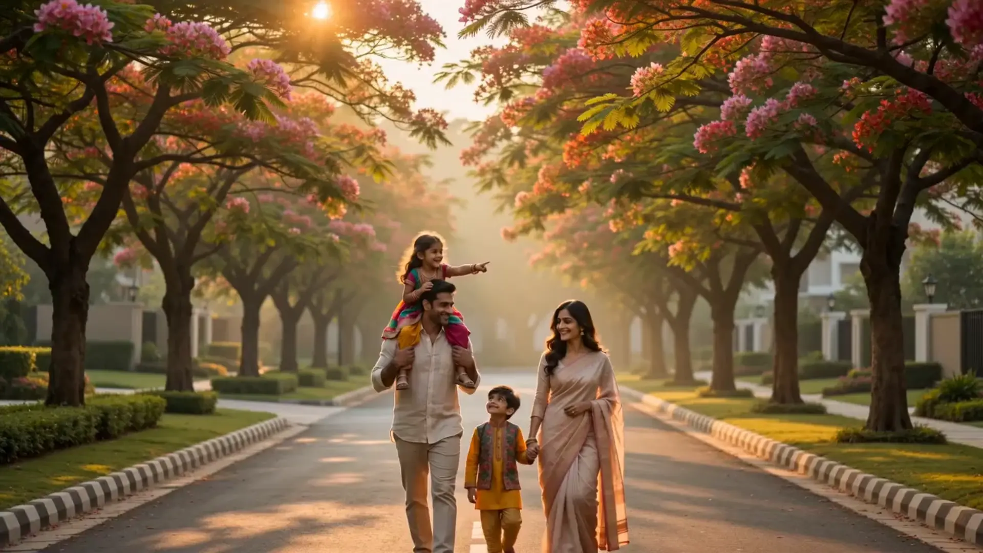 An Indian family walking through a Mauli township at golden hour